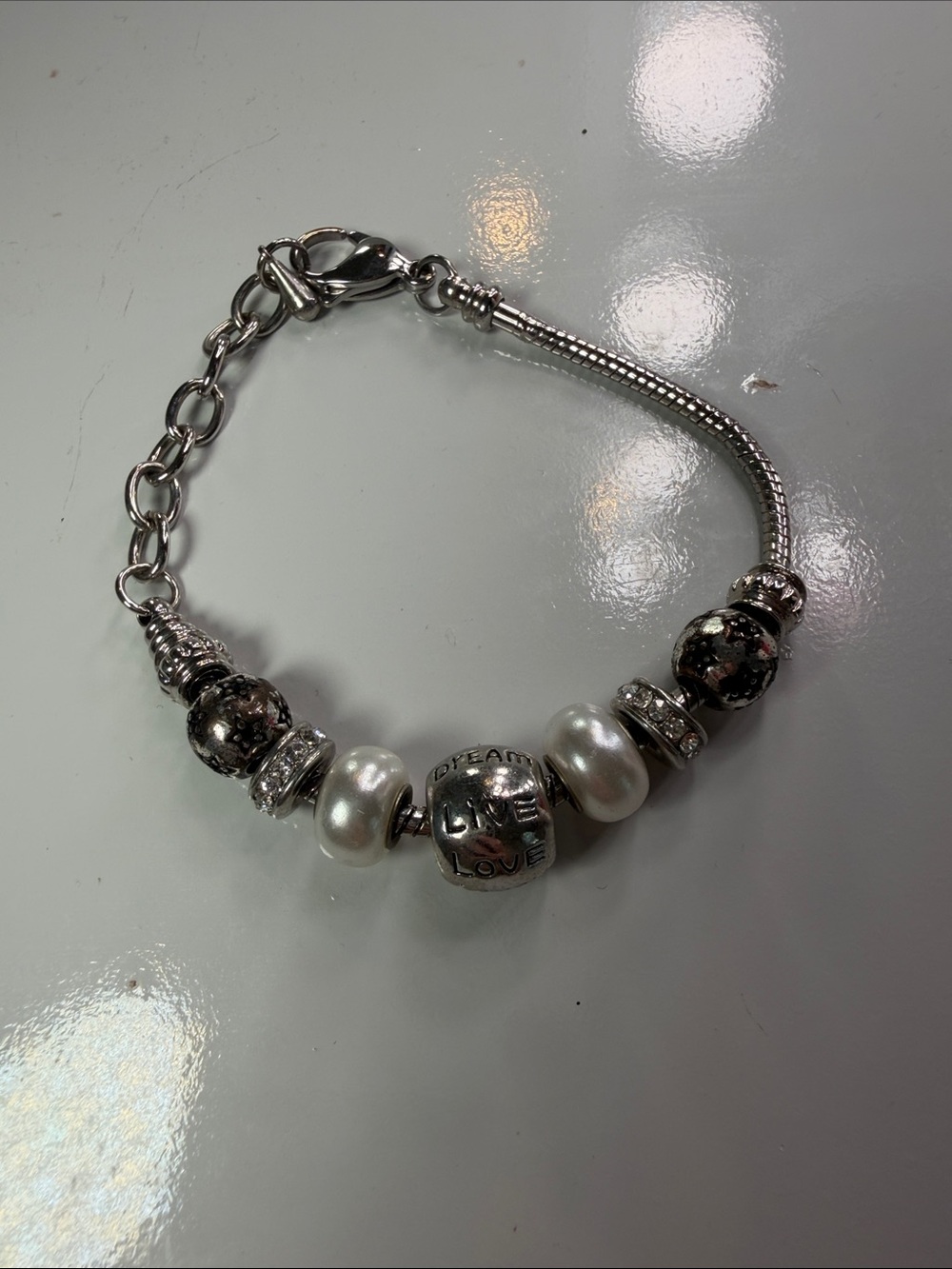 Silver 'Live Love' Bead Bracelet with White Pearlescent Accents